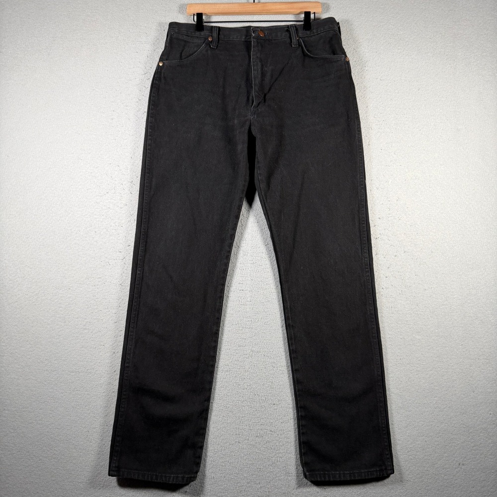 Vintage Wrangler Mens Straight Leg Black Denim Jeans Faded Wash 33x31 Cowboy Cut - Picture 1 of 13